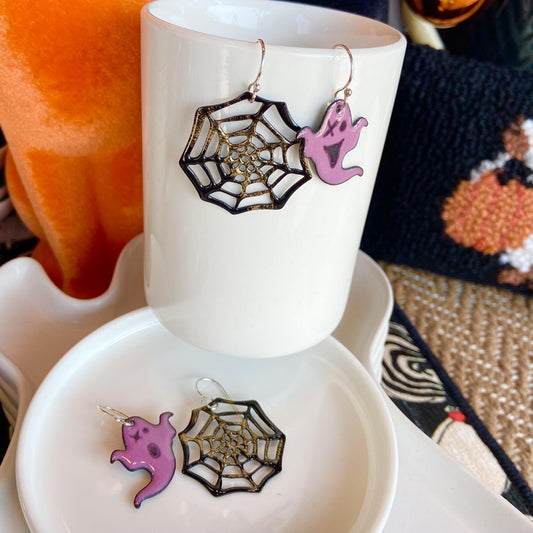 Earrings  - Ghost & Web - Enamel on Copper