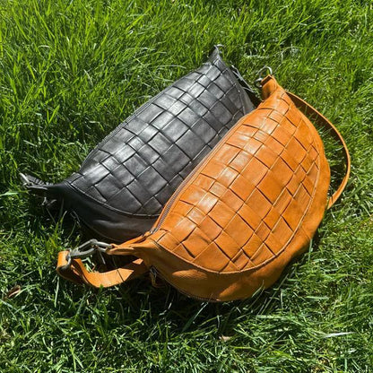 Crossbody/Sling Bag - Woven Leather - Cognac