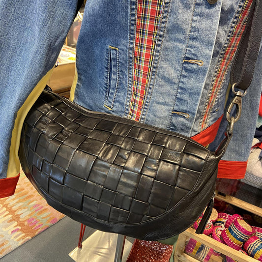 Crossbody/Sling Bag - Woven Leather - Black