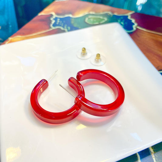 Earrings - Small Hoop - Red - Resin