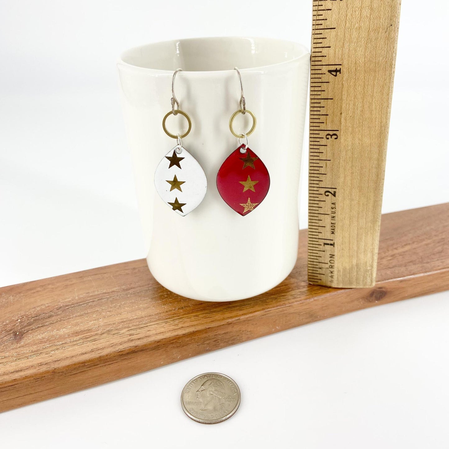 Earrings - Gold Stars Red & White - Enamel on Copper