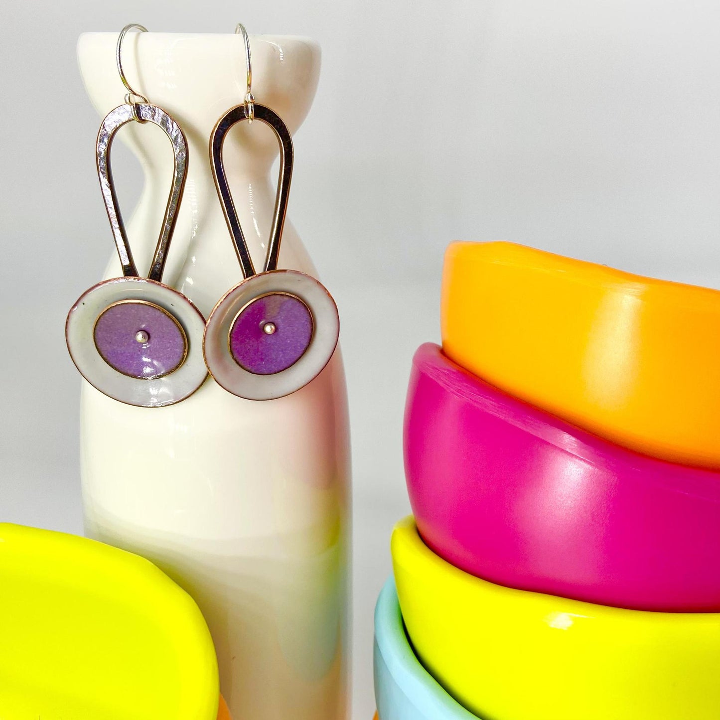 Earrings  - "Spinner" - Enamel on Copper - Grey/Purple