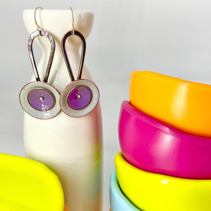 Earrings  - "Spinner" - Enamel on Copper - Grey/Purple