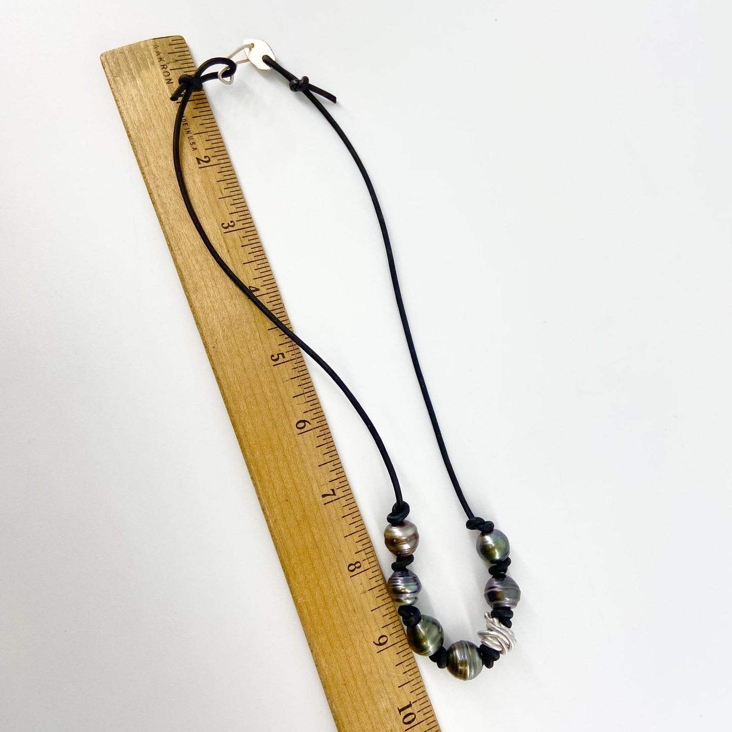 Necklace - Hand-Knotted Dark Grey Pearls on Leather with Sterling Silver