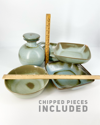 Frankoma Pottery pieces. Part of a vintage collection of 119 pieces. Collectible vintage set of Frankoma Plainsman Woodland Moss tableware.