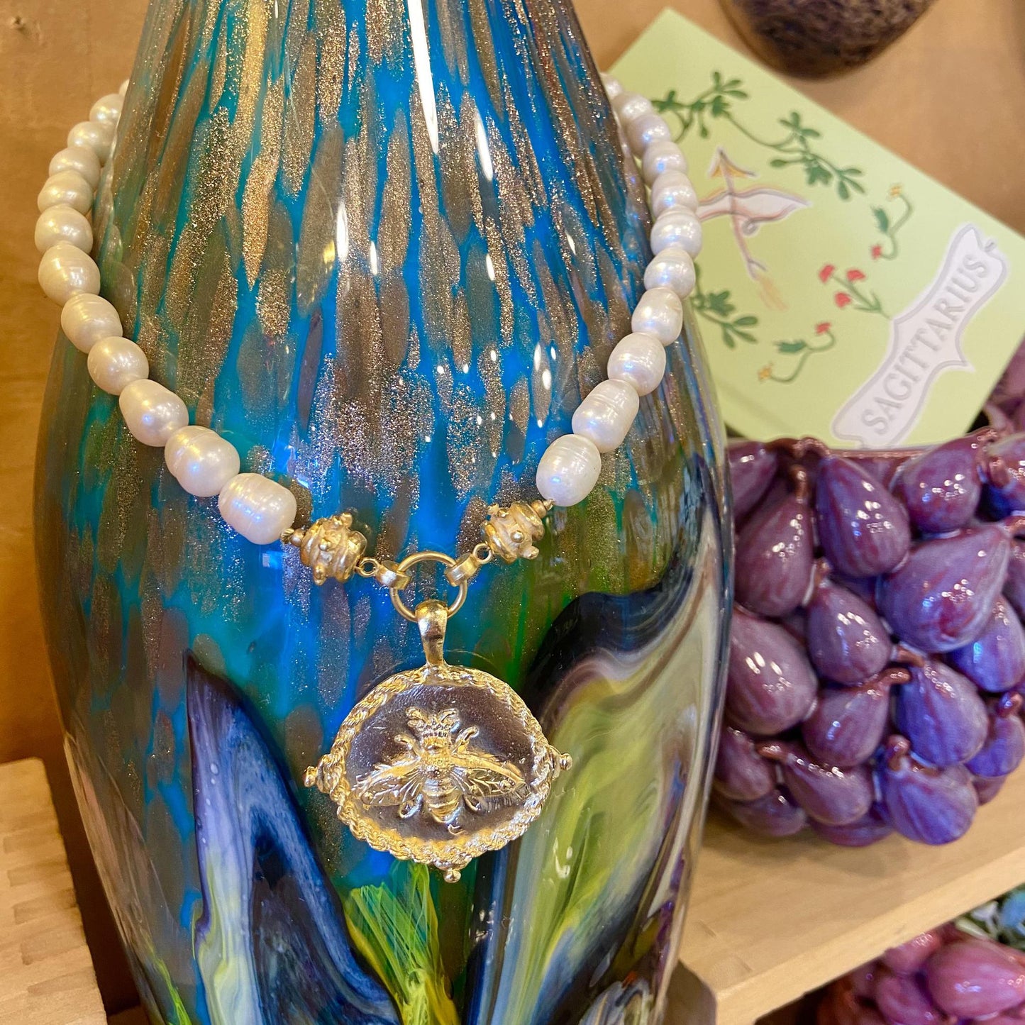 Necklace - Gold Bee & Freshwater Pearl - 24kt Gold Plated