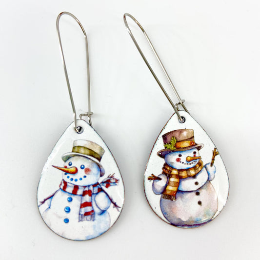 Earrings - Enamel on Copper - Snowmen Teardop