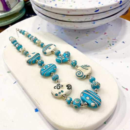 Necklace - Turquoise & White - Sterling Silver & Glass