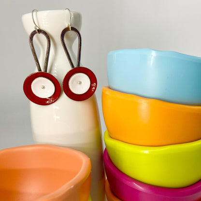 Earrings  - "Spinner" - Enamel on Copper - Dark Red/White