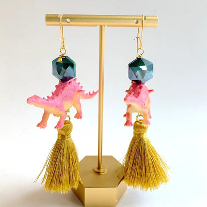 Earrings - Pink Dinosaur & Gold Tassel
