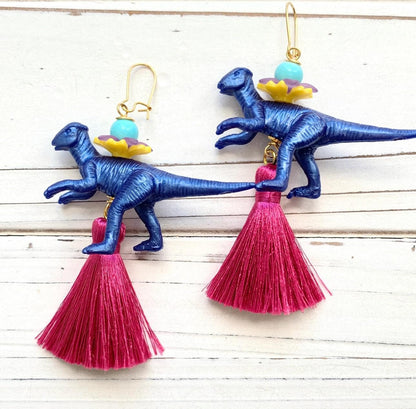 Earrings - Cobalt Dinosaur & Pink Tassel