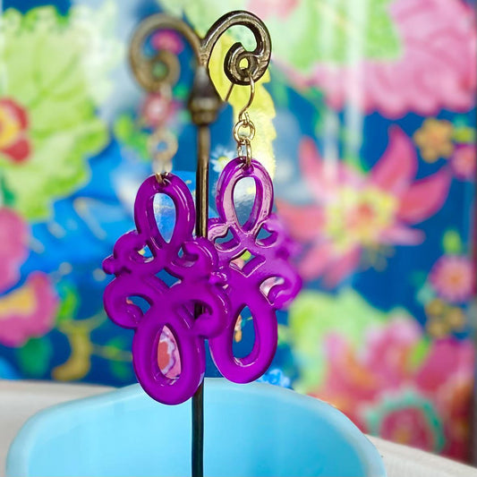 Earrings - Double Scroll Drop - Purple - Resin