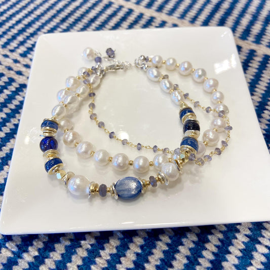 Bracelet - Pearl/Kyanite/Iolite - Silver & Gold on Brass