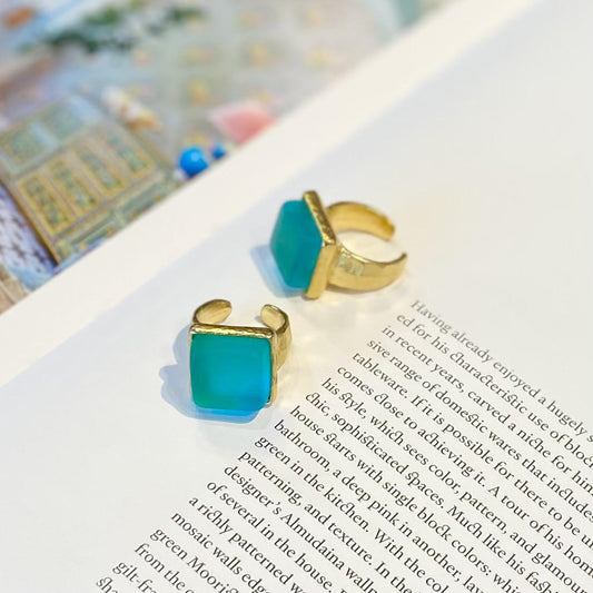 Ring - Reclaimed Bottle Glass - 14kt Gold on Pewter - Aqua Cube