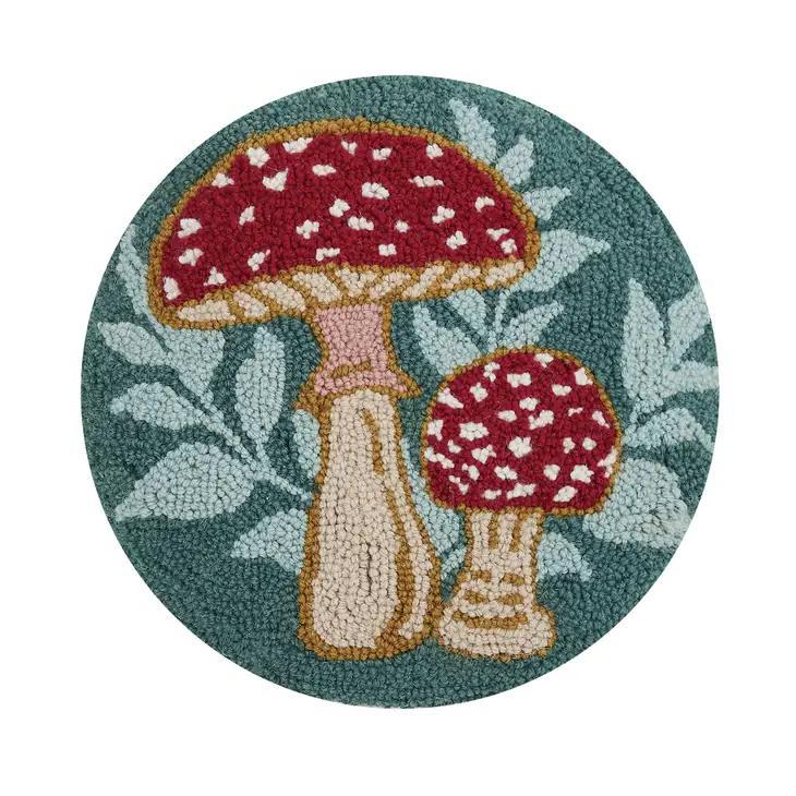 Pillow - Mushrooms - Hooked Wool - Round