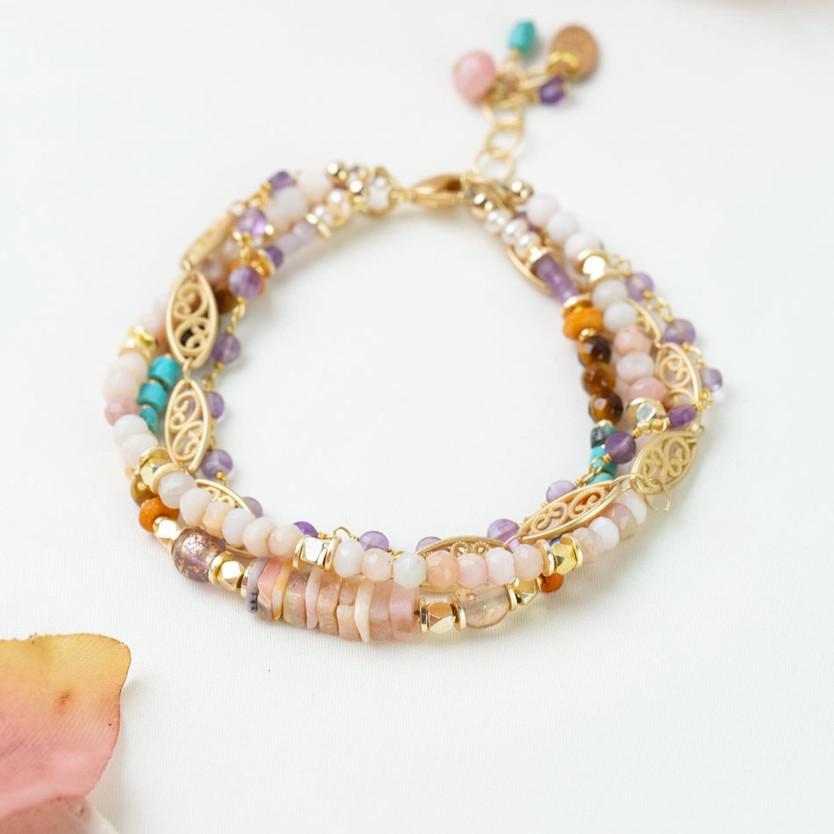 Bracelet - Pink Opal/Amethyst/Turquoise - Gold on Brass