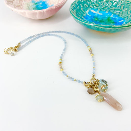 Necklace - Larimar/Aquamarine/Pearl/Moonstone - Gold On Brass