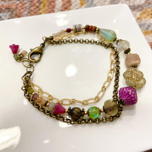 Bracelet - Czech Glass/Peach Moonstone - Brass