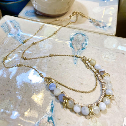 Necklace - Blue Lace Agate/Shell/Mother Of Pearl - Gold on Brass
