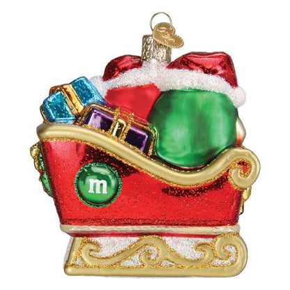 Ornament - Blown Glass - M&M's in Sleigh