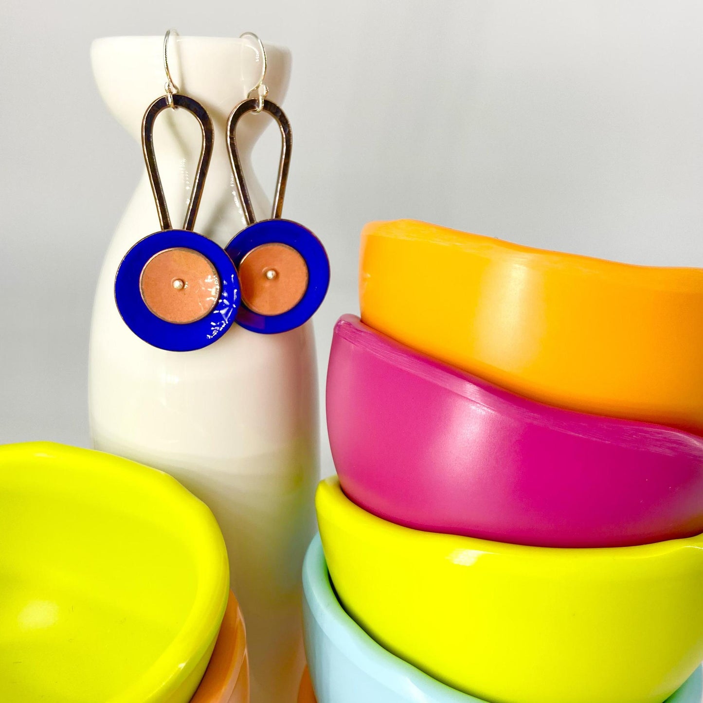 Earrings  - "Spinner" - Enamel on Copper - Blue/Pink