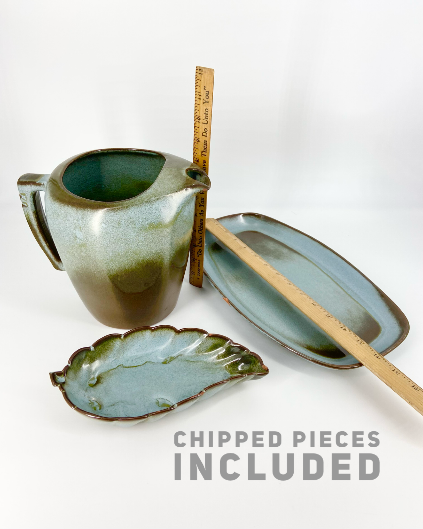 Frankoma Pottery pieces. Part of a vintage collection of 119 pieces. Collectible vintage set of Frankoma Plainsman Woodland Moss tableware.