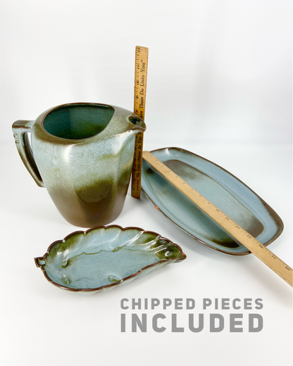 Frankoma Pottery pieces. Part of a vintage collection of 119 pieces. Collectible vintage set of Frankoma Plainsman Woodland Moss tableware.