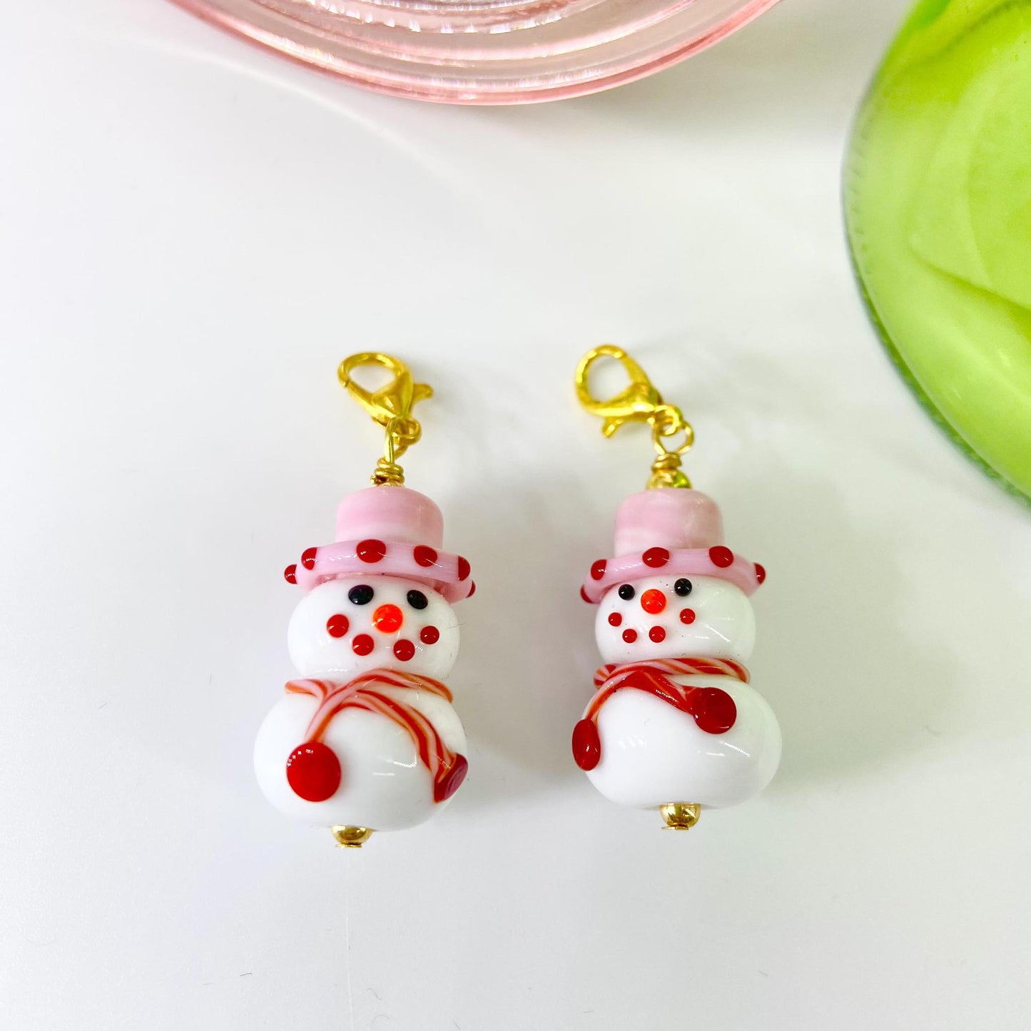 Pendant - Snowperson with Pink/Red - Handmade Glass