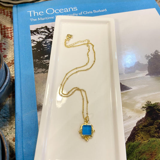 Necklace - French Glass - 14kt Gold Cast Vermeil - Aqua