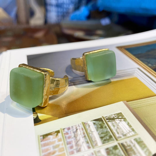 Ring - Reclaimed Bottle Glass - 14kt Gold on Pewter - Antique Clear Cube