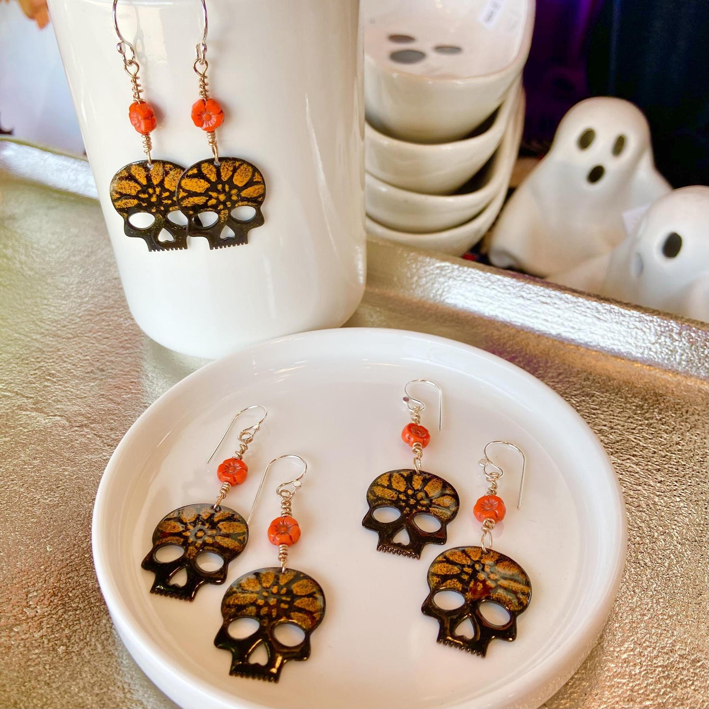 Earrings  - Black/Orange Skulls & Beads - Enamel on Copper