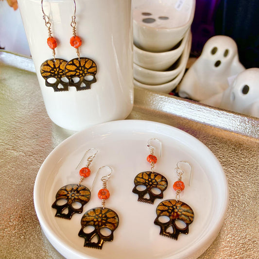 Earrings  - Black/Orange Skulls & Beads - Enamel on Copper