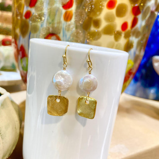 Earrings - Pearl & Square - 24kt Gold Plated