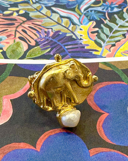 Ring - Elephant Intaglio & Pearl - Adjustable - 14kt Gold Vermeil