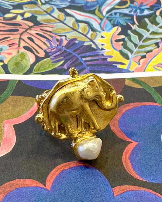 Ring - Elephant Intaglio & Pearl - Adjustable - 14kt Gold Vermeil