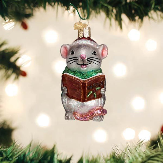 Ornament - Blown Glass - Grey Caroling Mouse