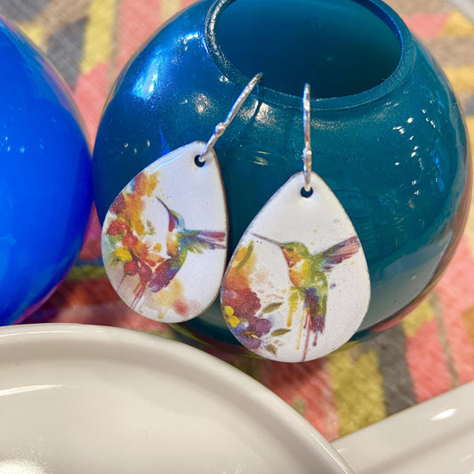 Earrings  - Watercolor Hummingbirds - Enamel