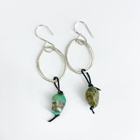 Earrings - Hoops with Turquoise/Leather Drops - Sterling