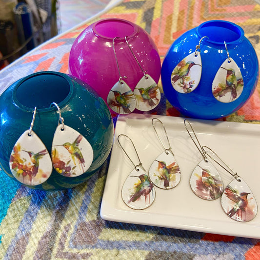 Earrings  - Watercolor Hummingbirds - Enamel