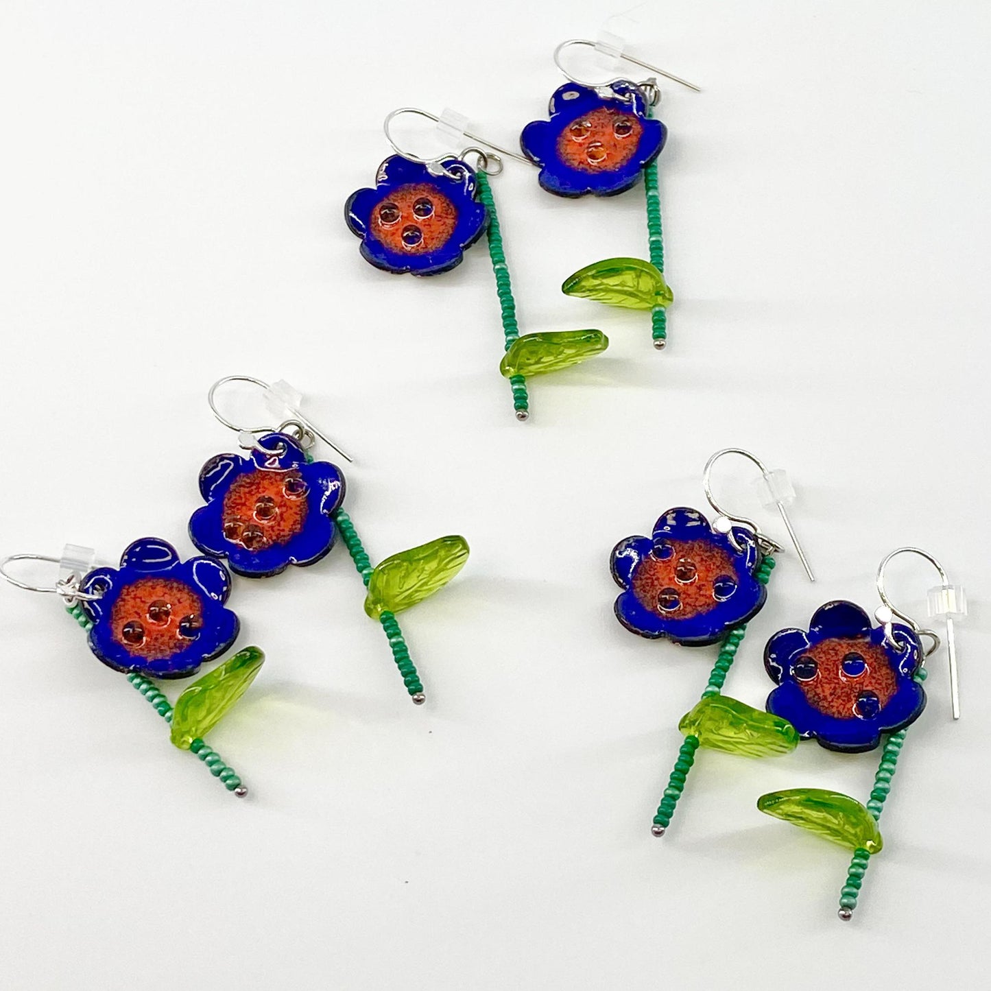 Earrings - Flowers on Beaded Stems - Blue/Red - Enamel (Video)