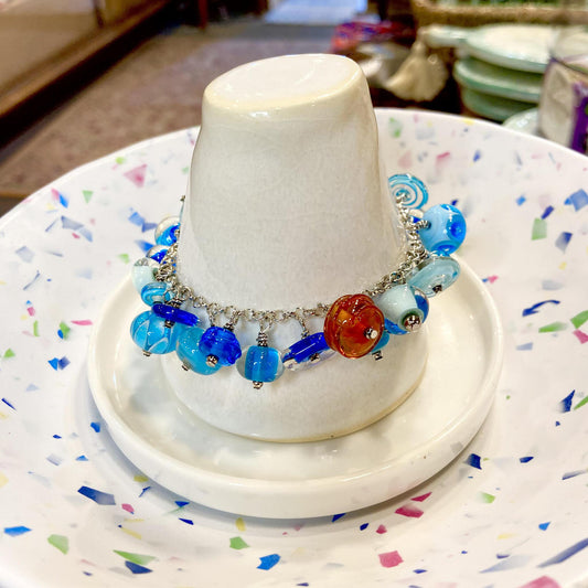Bracelet - Turquoise Charms & Pop Of Red  - Glass Beads & Sterling