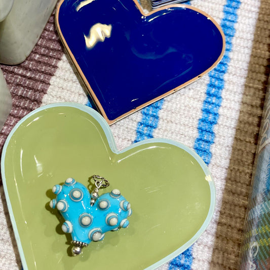 Pendant -  Bumpy Turquoise & Creme Heart - Glass & Sterling
