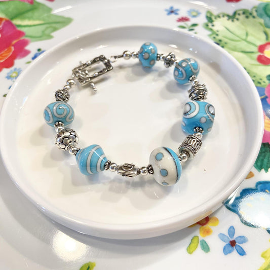 Bracelet - Turquoise & White  - Glass Beads & Sterling