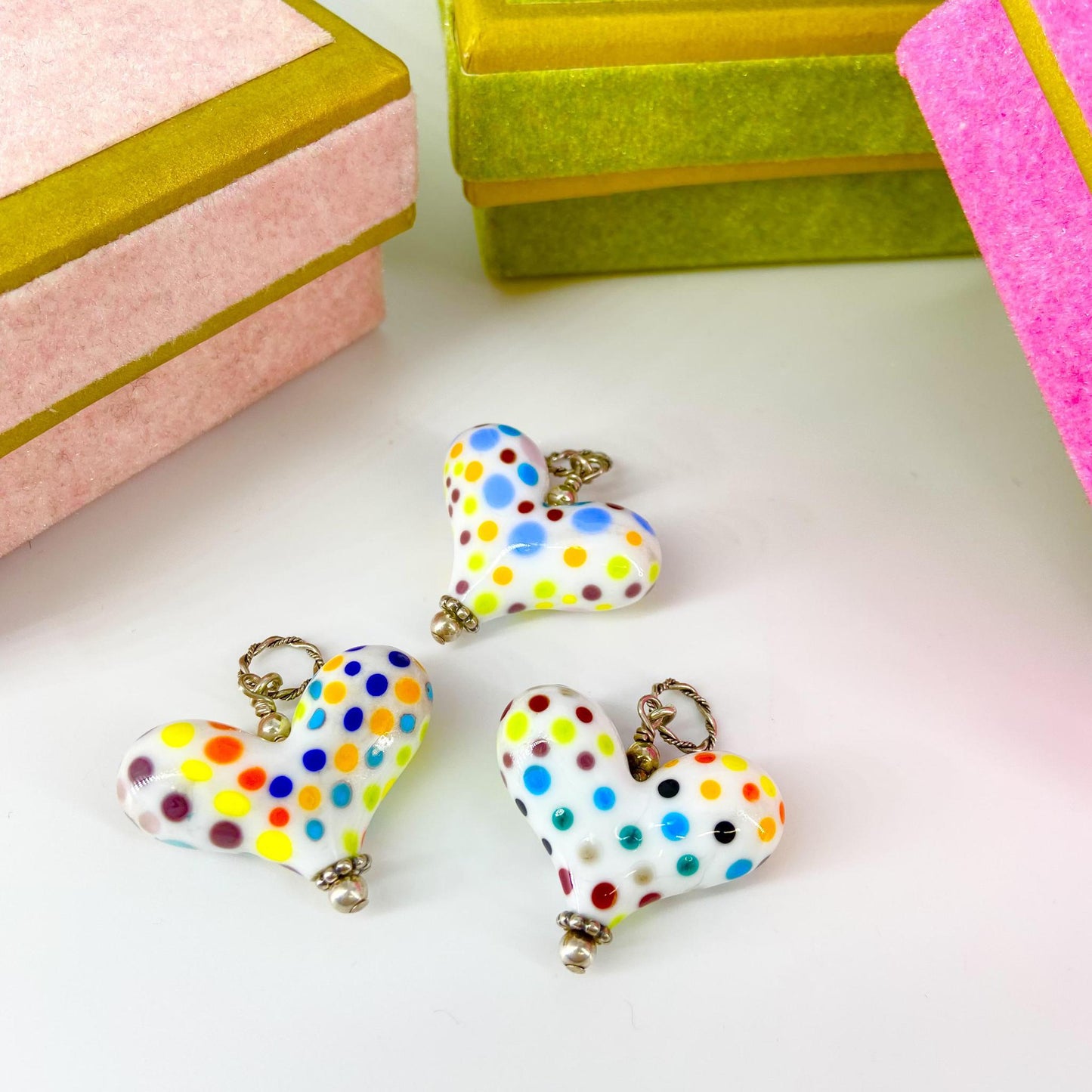 Pendant -  Bright Polka Dots Heart - Glass & Sterling