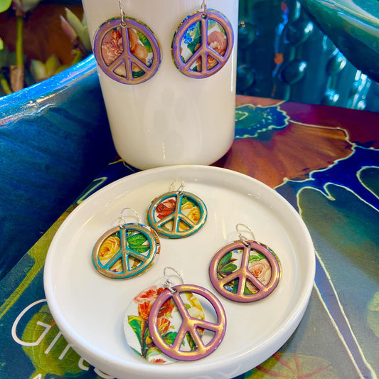 Earrings  - Peace Signs on White Floral - Enamel on Copper