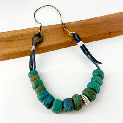 Necklace - 13 Hebron Glass Beads & Sterling Bead on Leather