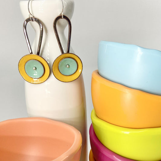 Earrings  - "Spinner" - Enamel on Copper - Yellow/Teal