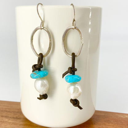 Earrings - Sterling/Leather/Turquoise/Pearl Original