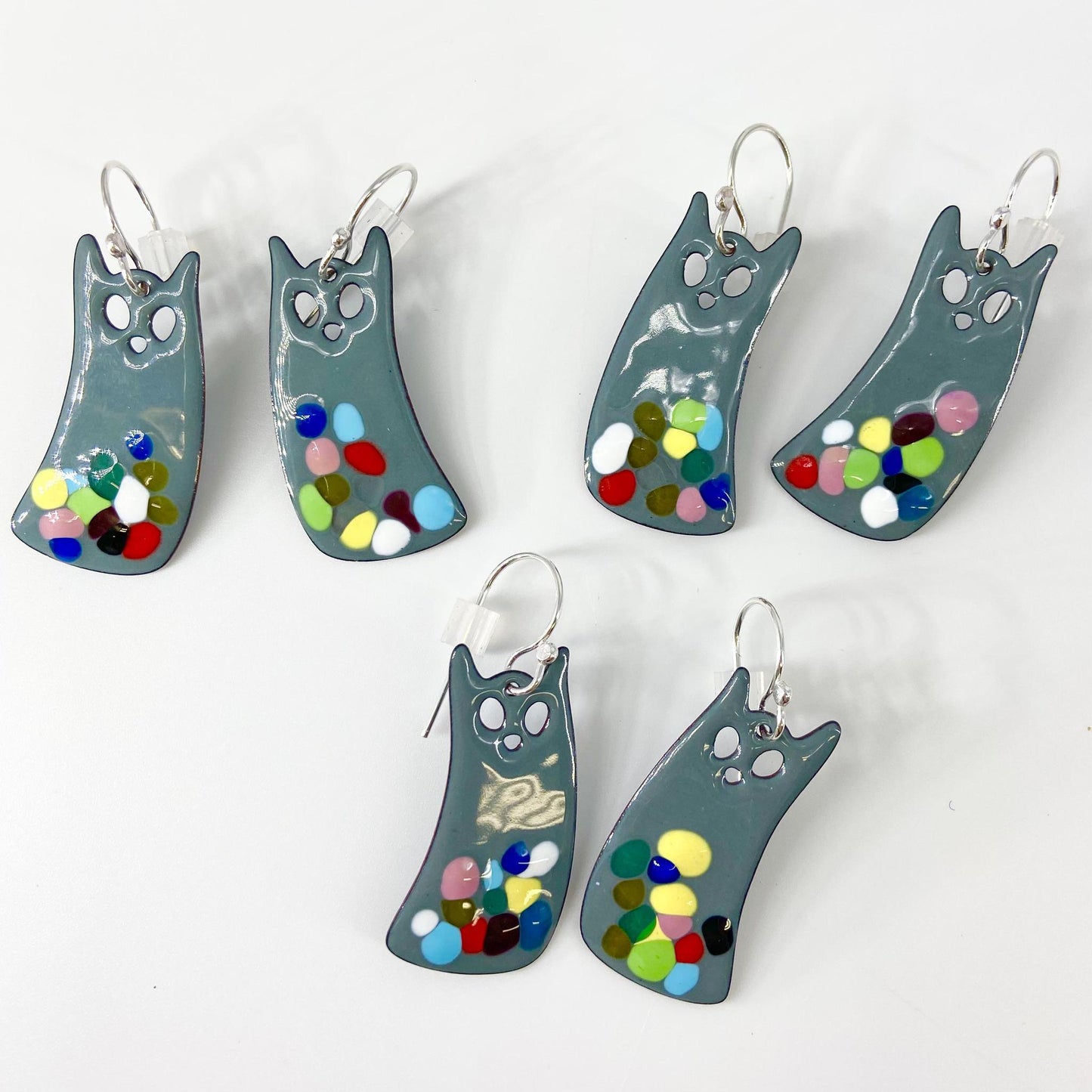 Earrings  - Confetti Grey Cat - Enamel on Copper