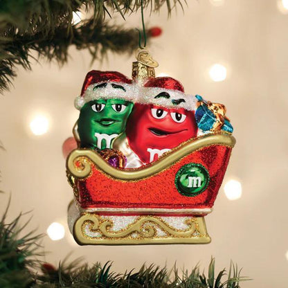 Ornament - Blown Glass - M&M's in Sleigh